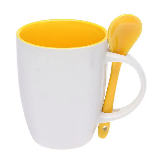 Чашка з ложкою керамічна Желтый Белый 1338-04