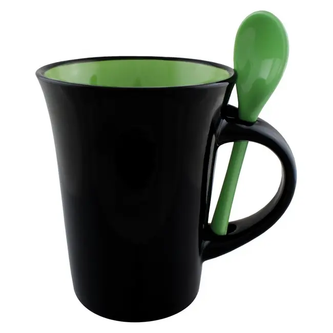 Чашка керамічна з ложкою 300 мл Зеленый Черный 8752-02