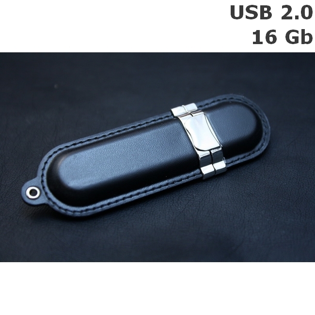 Флешка кожанная 16 Gb USB 2.0 Серебристый Черный 6083-01