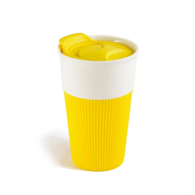 Кружка керамічна з силіконовим кільцем і пластковой кришкою 480 мл Белый Желтый 8254-07