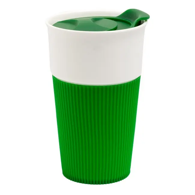 Кружка керамічна з силіконовим кільцем і пластковой кришкою 480 мл Белый Зеленый 8254-05