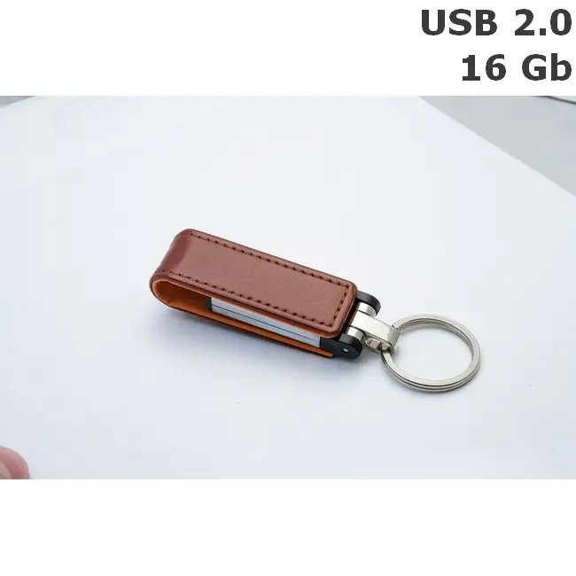Флешка Міні шкіряна 16 Gb USB 2.0 Оранжевый Коричневый Серебристый 6071-03
